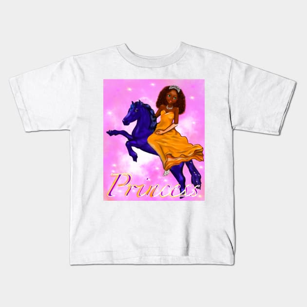 Black anime princess on horse Pink background ! beautiful  black girl with Afro hair, green eyes, Cherry pink lips and dark brown skin. Hair love ! Kids T-Shirt by Artonmytee